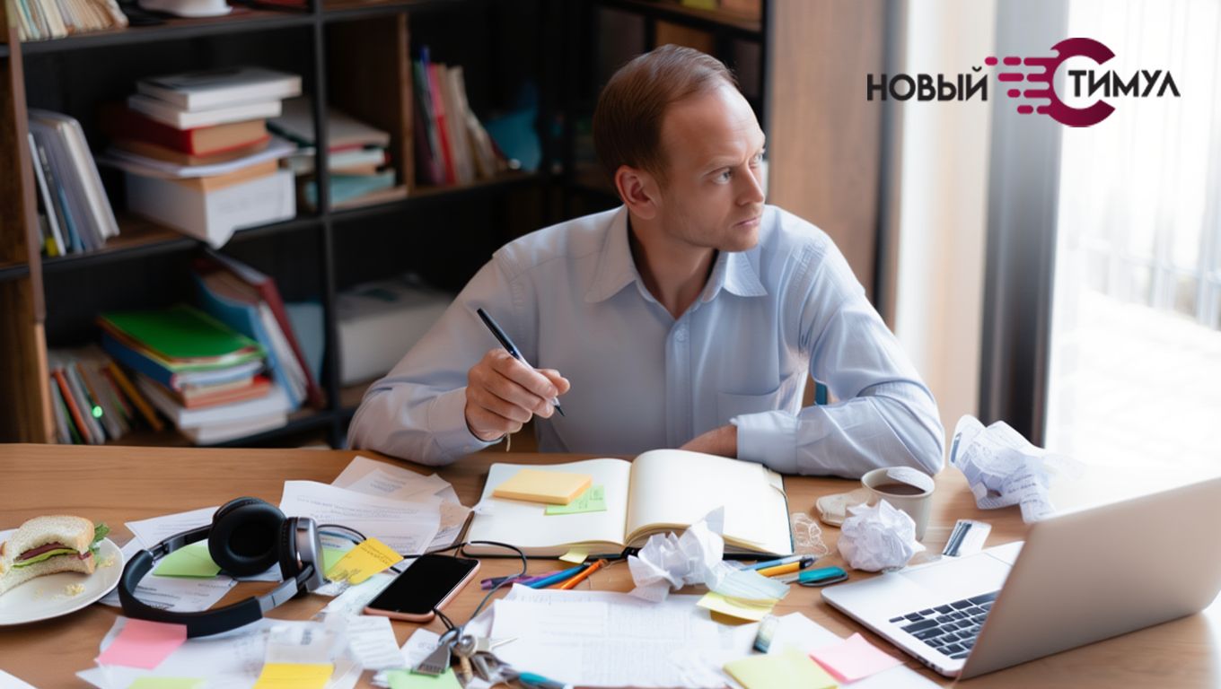 Мужчина за столом с множеством незаконченных дел